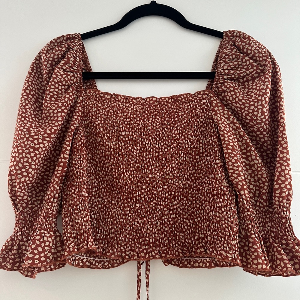 Blush Nordstrom rack Rust Puff Sleeve Smocked Blouse Dainty Print Festival M - Picture 9 of 10
